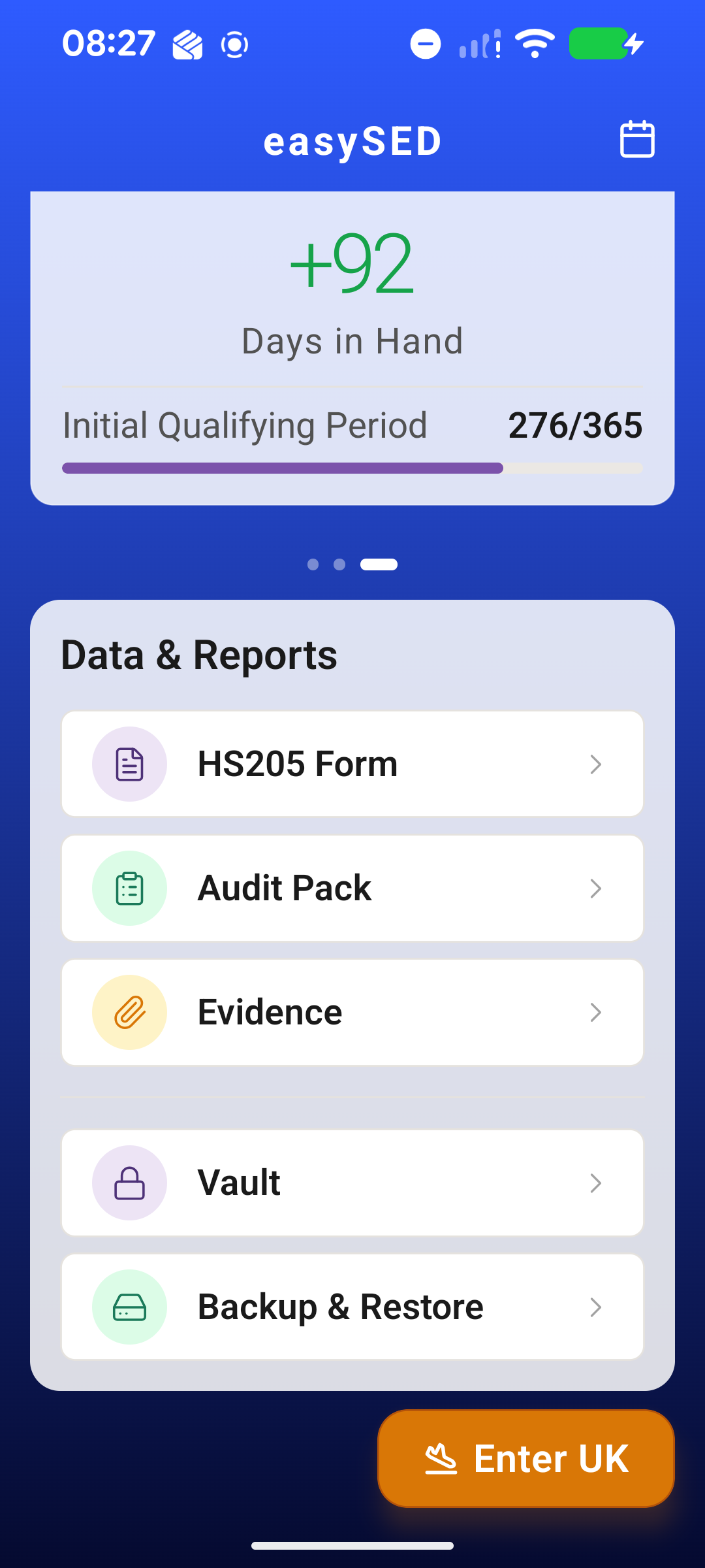 easySED Tax Vault showing completed periods and export options